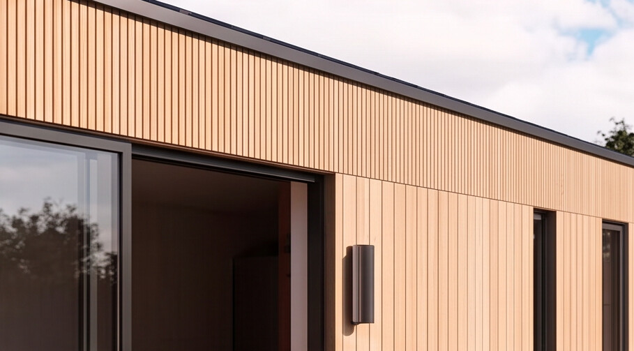 Detailed view of the cedar cladding and exterior lighting