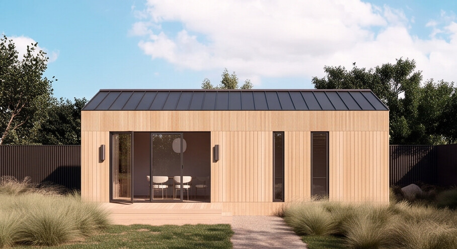 Front elevation of a cedar-clad Prefab + Space building